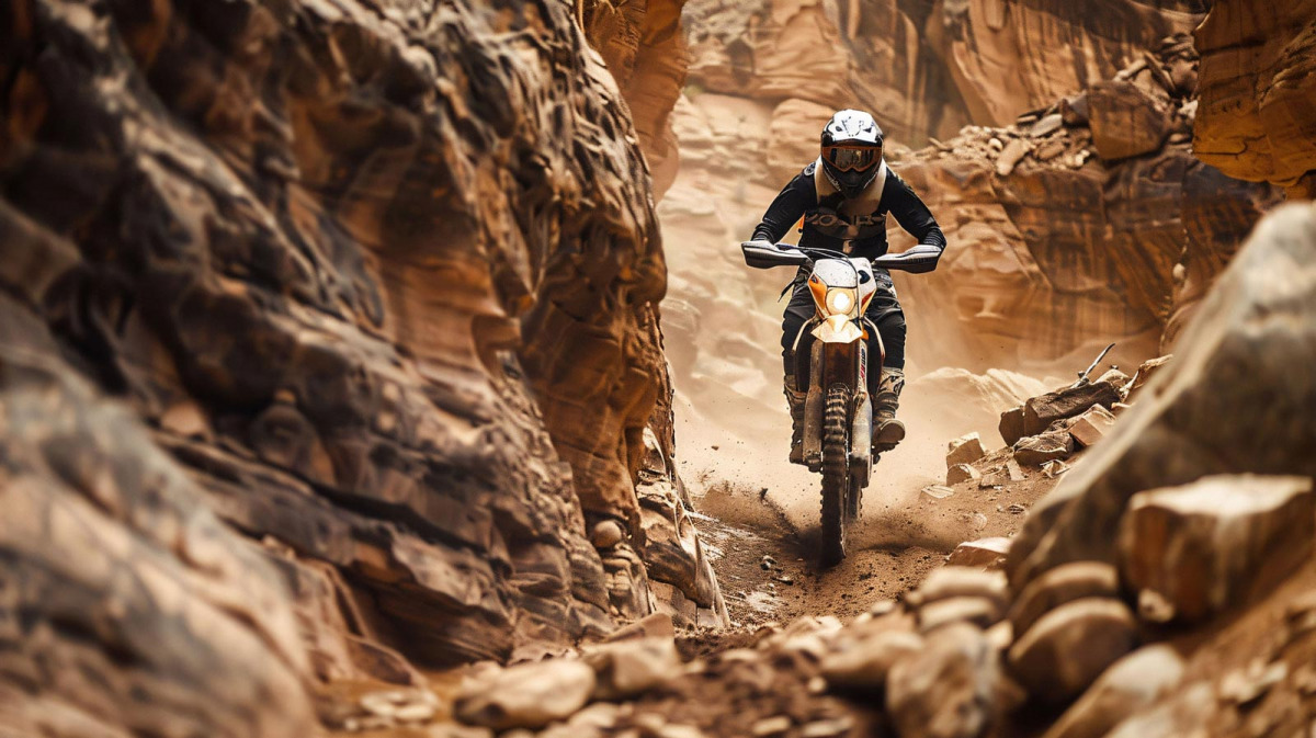 Dirt bike safari rider enjoys ride in between large mountains