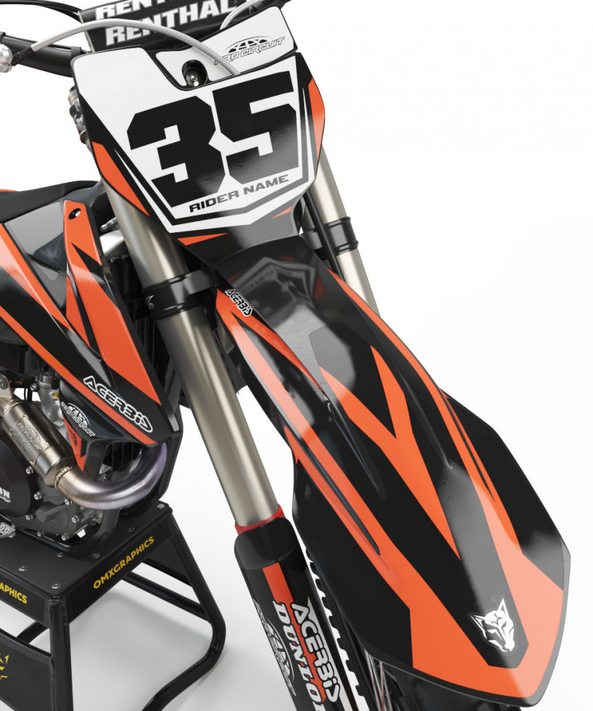 Custom Black and Orange KTM Dirt bike Graphics - Front