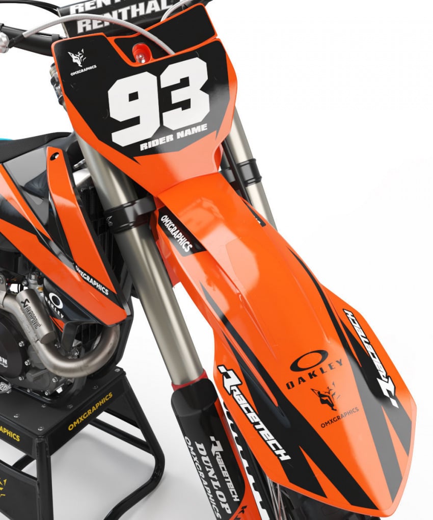 Custom KTM dirt bike graphics for Black plastics - Front