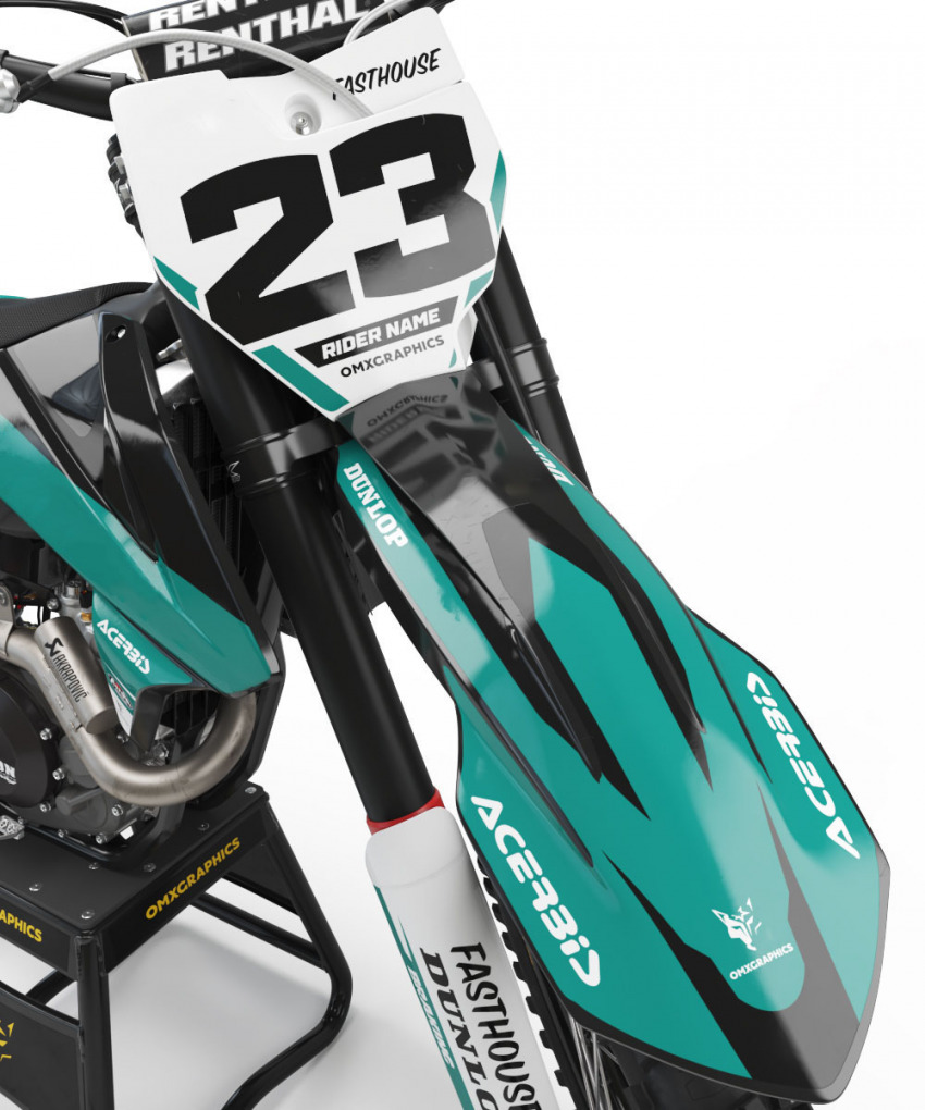 Custom dark Teal White and Black KTM graphics set - Front