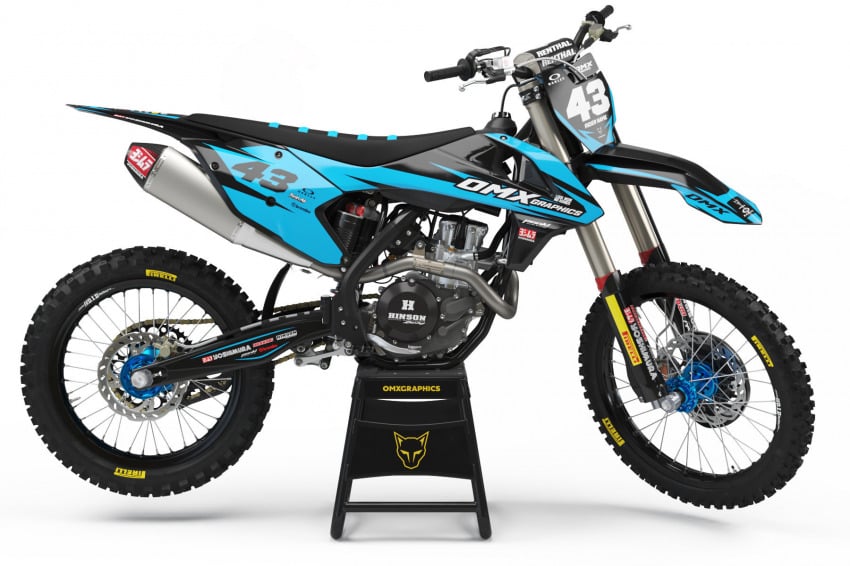 KTM dirt bike with Blue and Black graphics