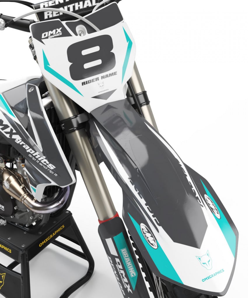 White Grey and Teal Graphics set for KTM - Front