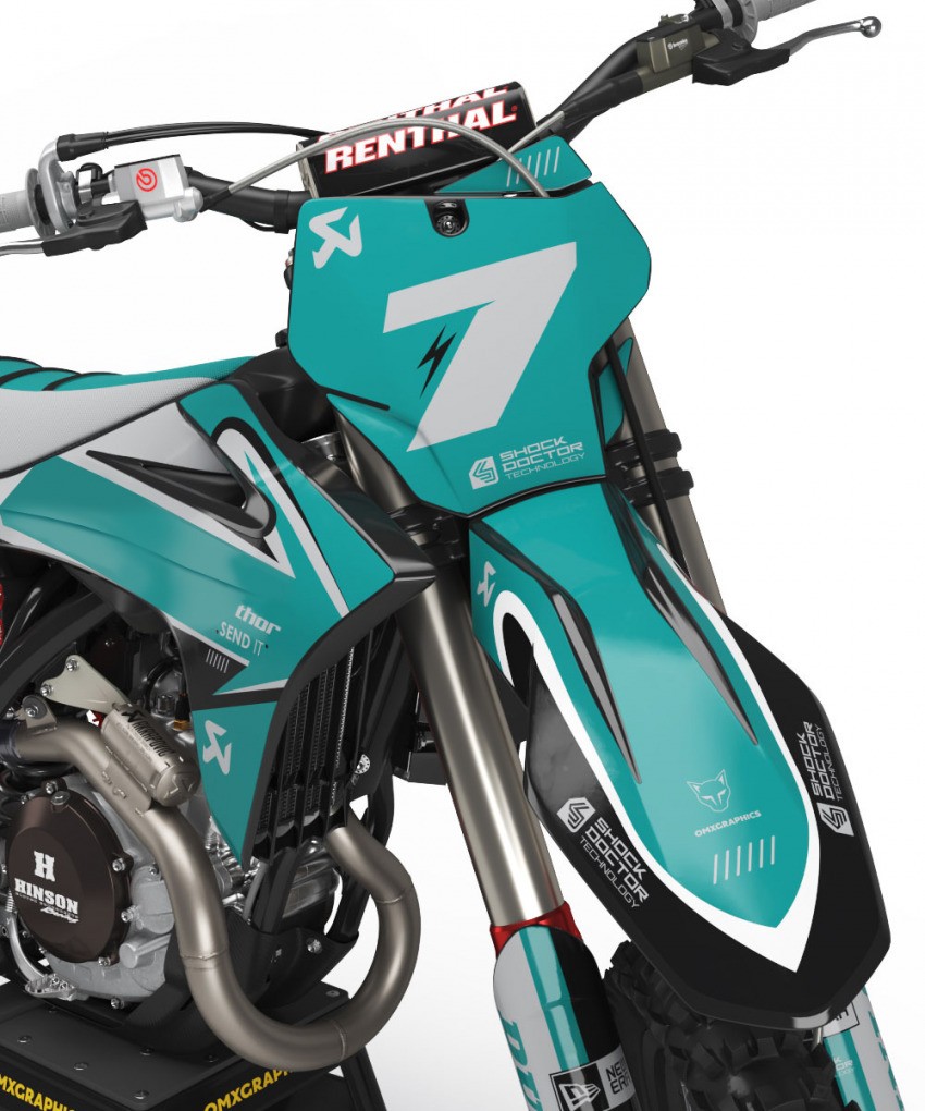 Top-notch Graphics Kit For GasGas MC 250F 'THUNDER' Teal / Grey Front
