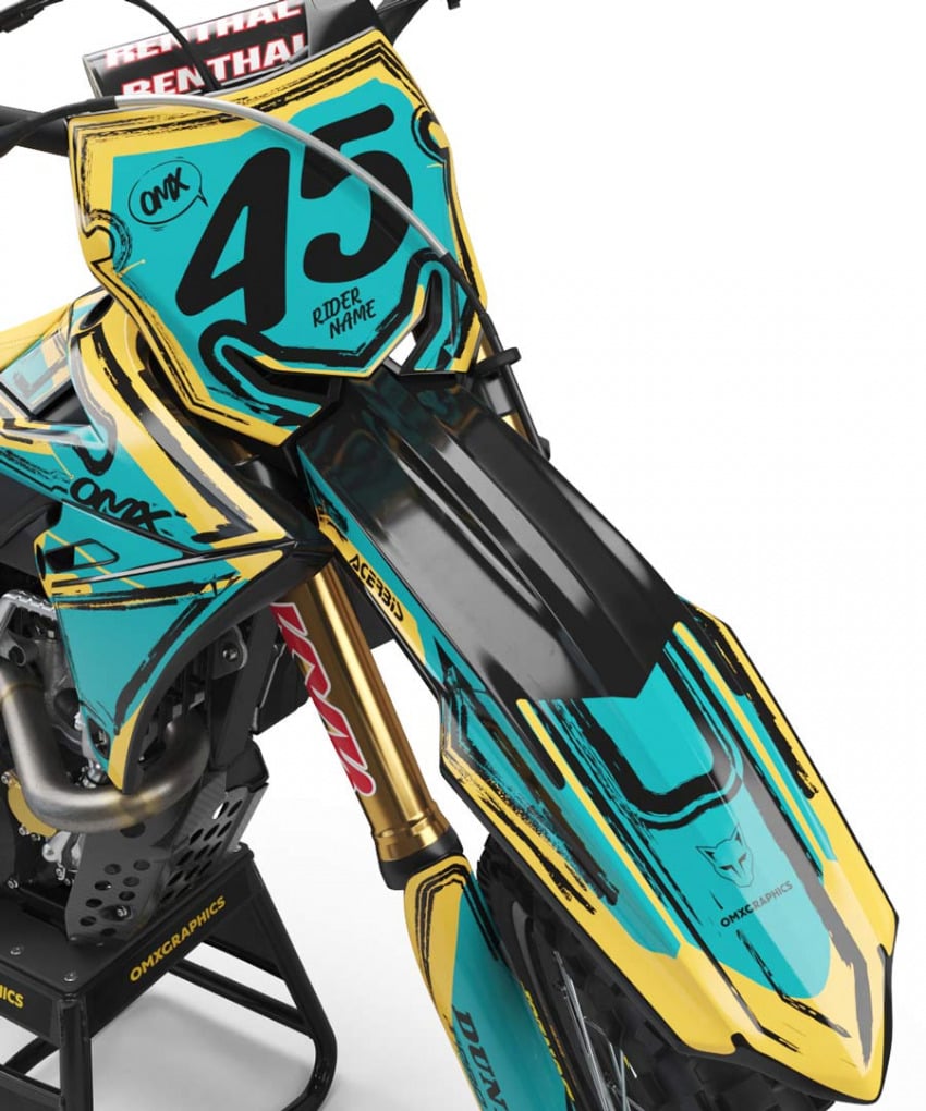 Mx Graphics for Suzuki Dirt Bike TOON Teal and Yellow Front