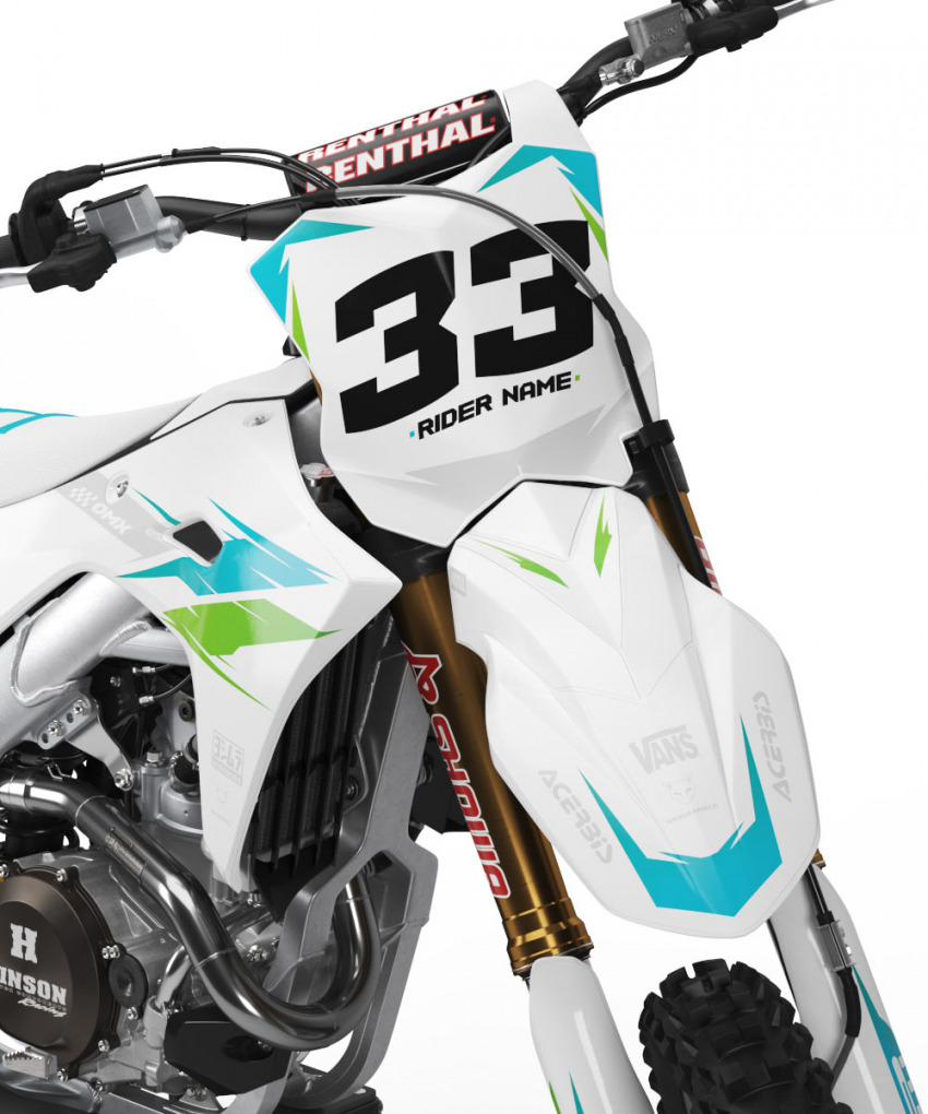 Kawasaki Dirt Bike Graphics Kit Glitch Green Blue Front