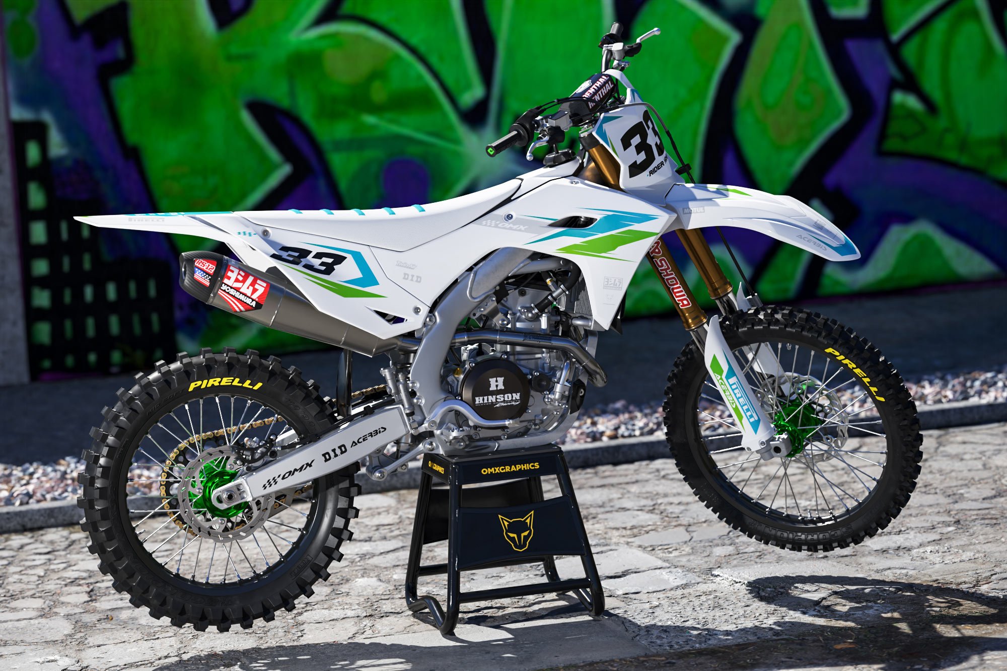 Kawasaki Dirt Bike Graphics Kit Glitch Green Blue Promo