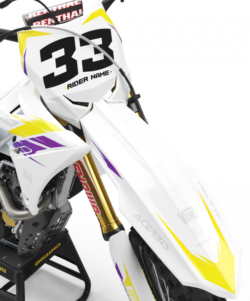 Suzuki Dirt Bike Graphics Kit Glitch Yellow Purple Front