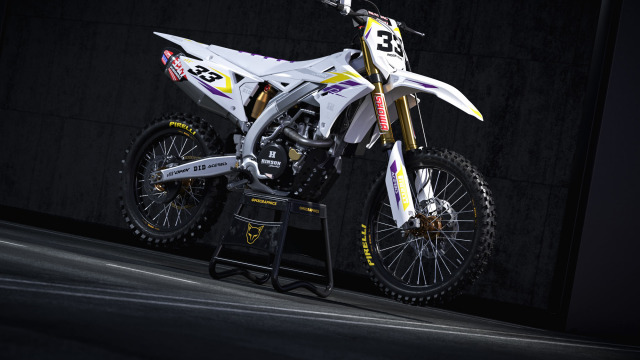 Suzuki Dirt Bike Graphics Kit Glitch Yellow Purple Promo