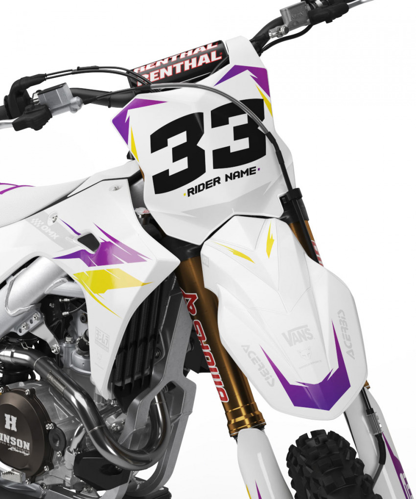 Kawasaki Dirt Bike Graphics Kit Glitch Yellow Purple Front