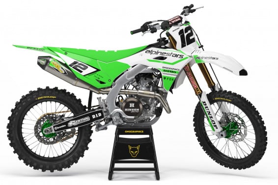 Kawasaki Mx Graphics Kit Payback Installed on Kawasaki Dirt Bike