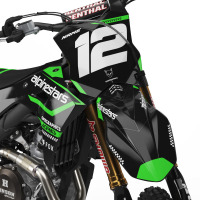 Black Kawasaki Mx Graphics Kit Installed on Kawasaki Dirt Bike Payback 1