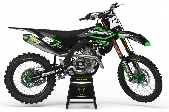 Black Kawasaki Mx Graphics Kit Installed on Kawasaki Dirt Bike Payback
