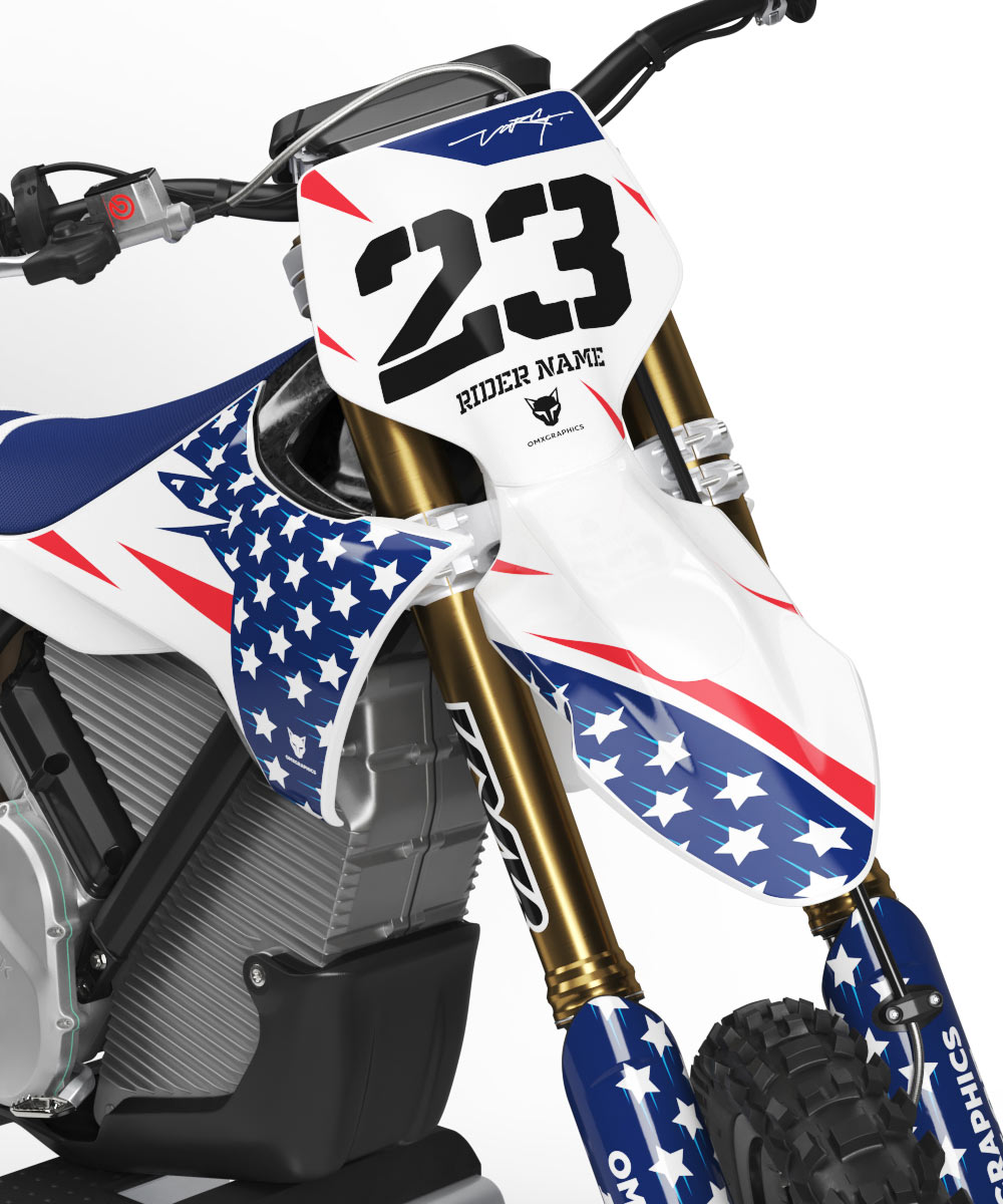 Graphics Kit for Stark Varg Dirt Bike Nation 1 USA Themed Stark Varg Mx Graphics Kit Installed on Stark Varg Dirt Bike 1