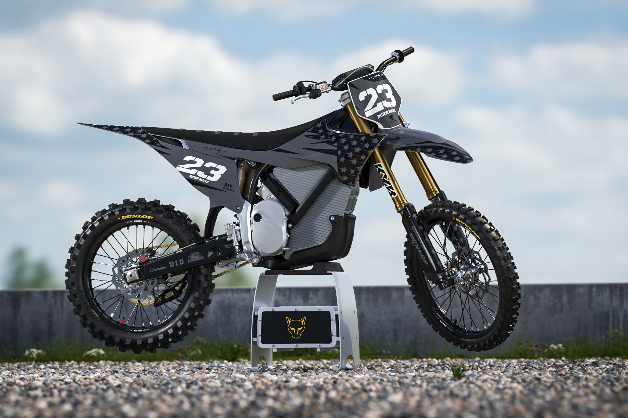 Graphics Kit for Stark Varg Dirt Bike Nation Dark Promo Dark MX Graphics Kit for Stark Varg Installed on Stark Varg Dirt Bike Promo