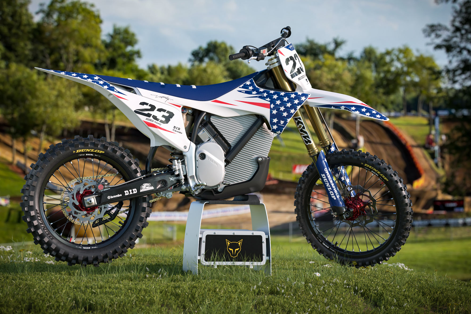 Graphics Kit for Stark Varg Dirt Bike Nation Promo USA Themed Stark Varg Mx Graphics Kit Installed on Stark Varg Dirt Bike Promo