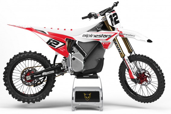 Stark Varg Payback Graphics Kit in Red and White Installed on Stark Varg Bike