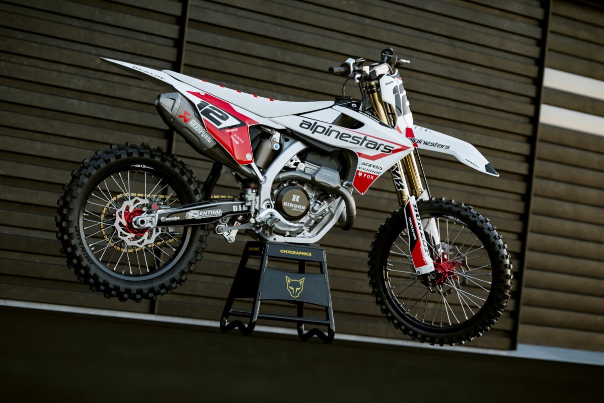 Triumph Dirt Bike Graphics Kit Installed on Triumph MX Bike Payback White Promo