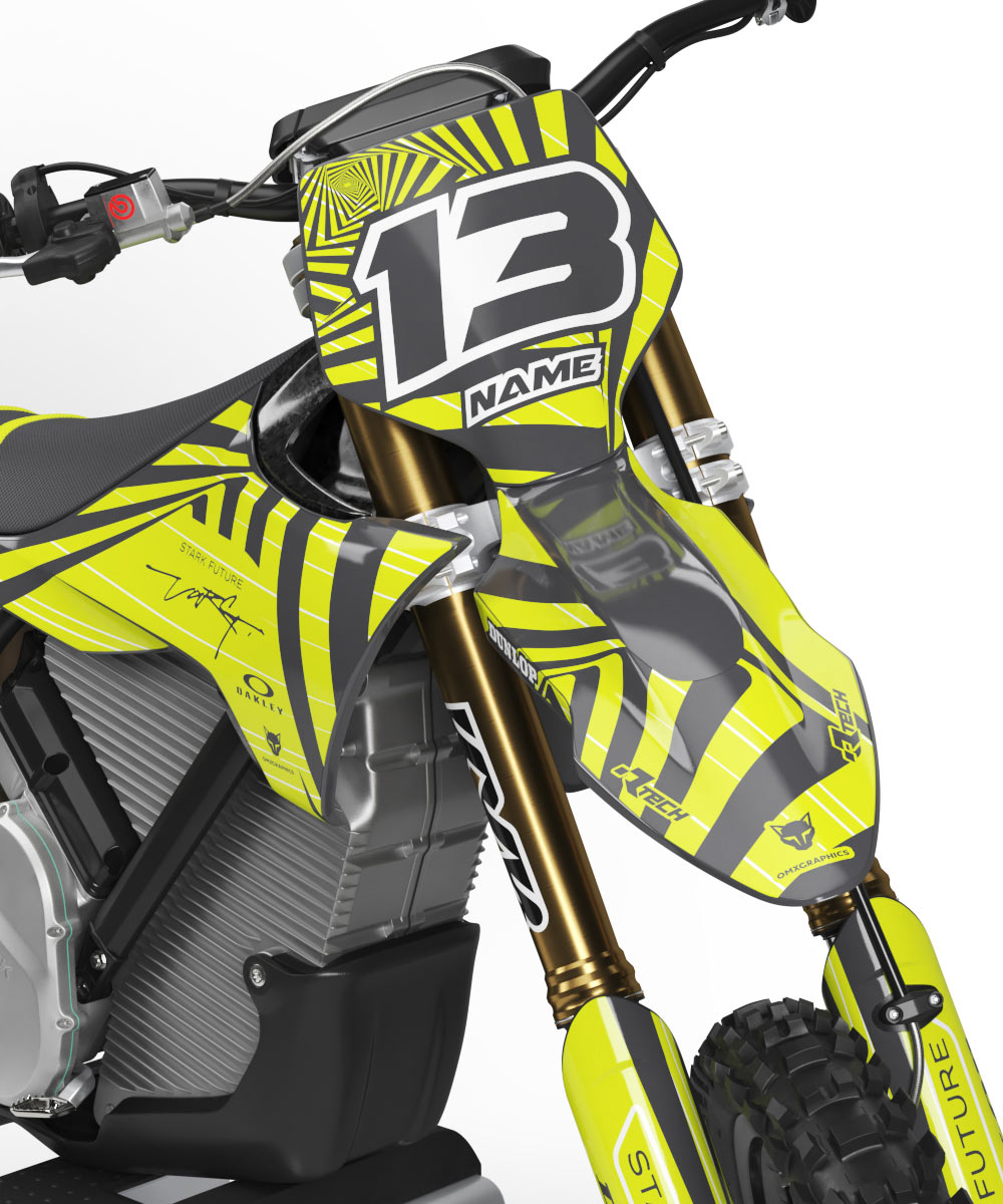 Dirt Bike Graphics Kit For Stark Varg MX Bike Blaze 2 Stark Varg Graphics Kit Blaze Installed on a Stark Varg Bike Front