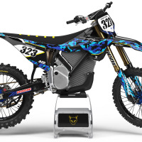 Blue Camo Graphics Kit Installed on a Stark Varg Dirt Bike