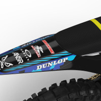 Blue Camo Graphics Kit Installed on a Stark Varg Dirt Bike Tail