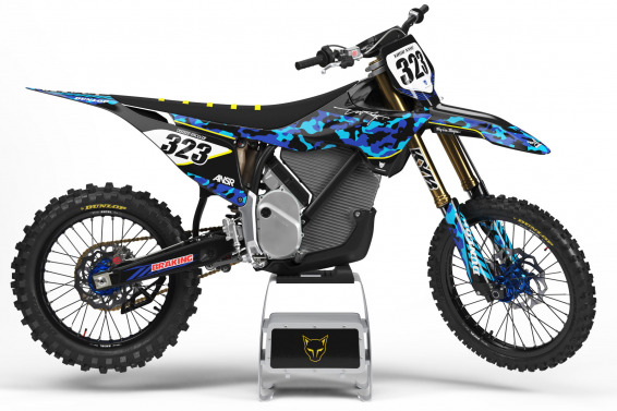 Blue Camo Graphics Kit Installed on a Stark Varg Dirt Bike
