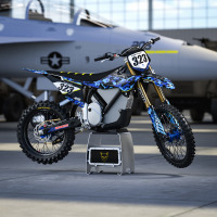 Blue Camo Graphics Kit Installed on a Stark Varg Dirt Bike Promo