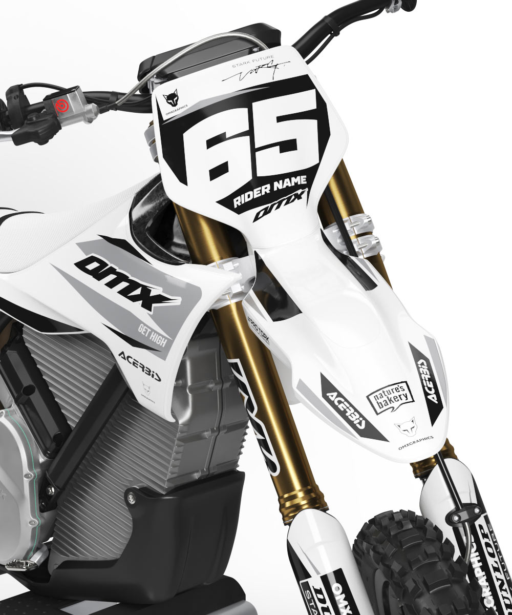 Graphics Kit For Stark Varg Dirt Bike Attack Grey 2 Stark Varg Graphics Kit Installed on a Stark Varg Dirt Bike Front