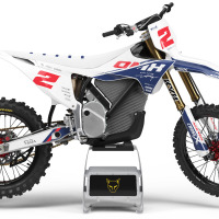 White Stark Varg Graphics Kit Corsa Installed on a Stark Varg Dirt Bike