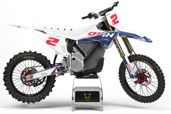 White Stark Varg Graphics Kit Corsa Installed on a Stark Varg Dirt Bike