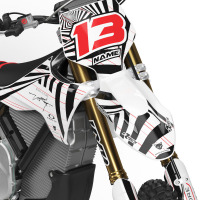 White Graphics Kit Installed on a Stark Varg Dirt Bike Blaze Front Plate