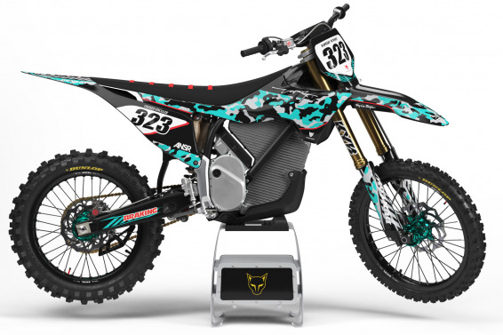Camo Mx Graphics Kit on a Stark Varg Dirt Bike