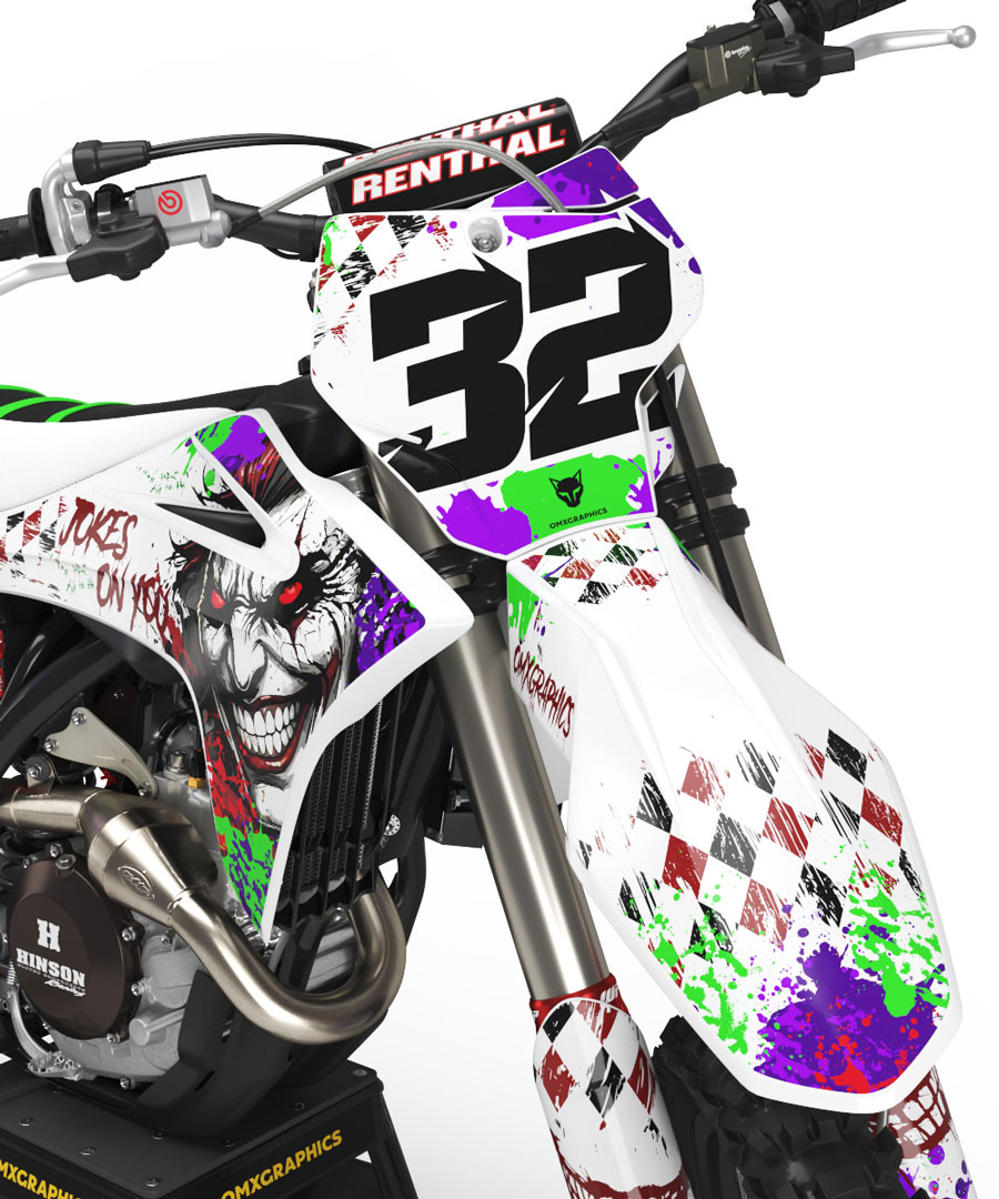 Mx Graphics for GasGas Dirt Bike Joker White Front GasGas Mx Graphics Kit Joker White Installed on a GasGas Dirt Bike Front