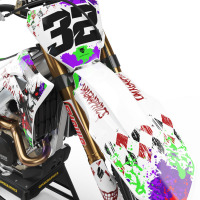 White Honda Mx Graphics Kit Joker Installed on a Honda Dirt Bike Front