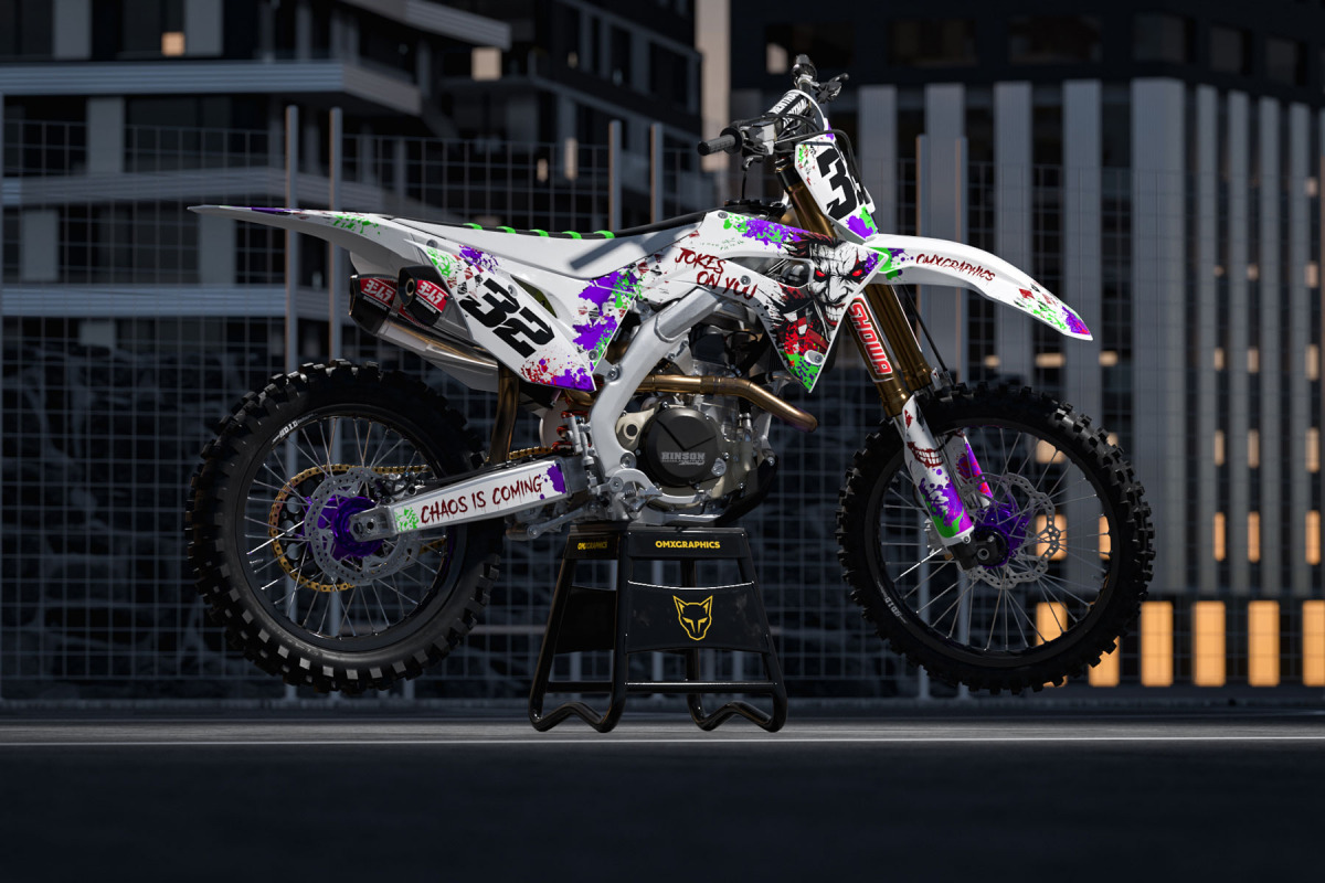 White Honda Mx Graphics Kit Joker Installed on a Honda Dirt Bike Promo