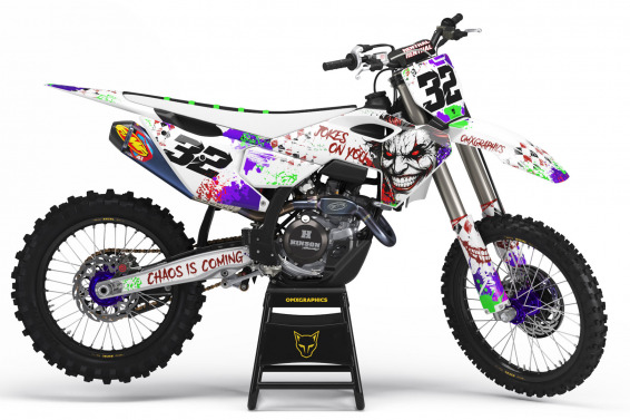 White Husqvarna Mx Graphics Kit Joker Installed on a Husqvarna Dirt Bike
