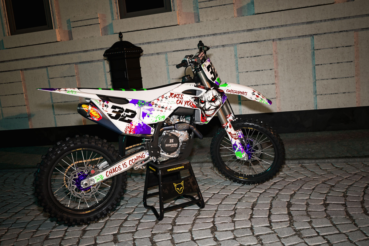 White Husqvarna Mx Graphics Kit Joker Installed on a Husqvarna Dirt Bike Promo
