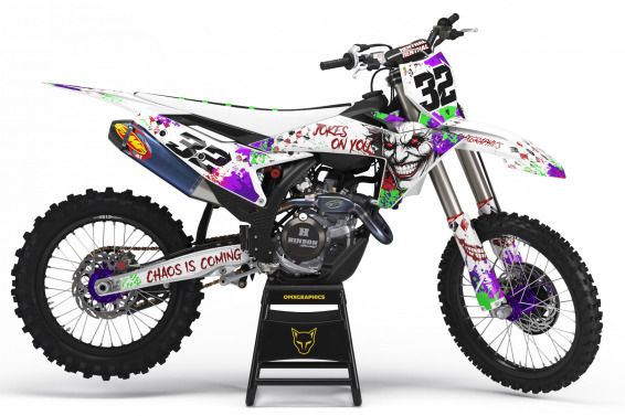 White KTM Dirt Bike Graphics Kit Joker Installed on a KTM Dirt Bike