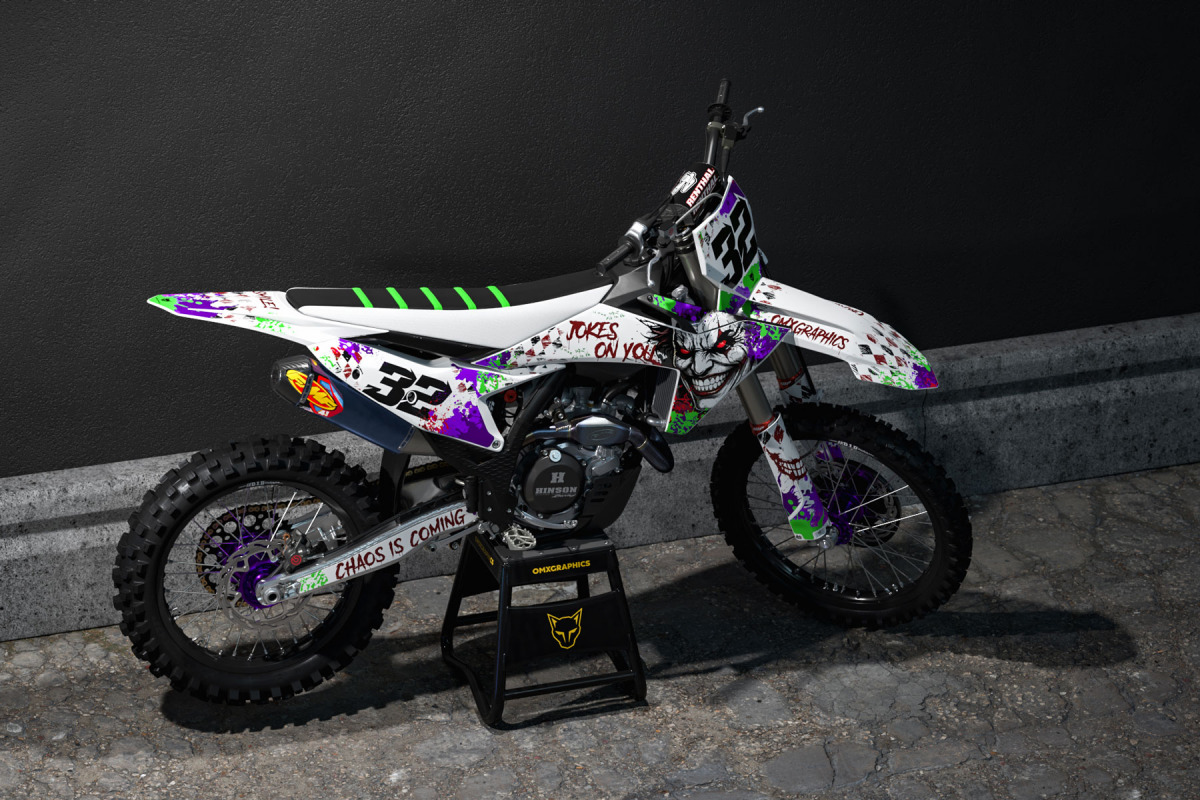 White KTM Dirt Bike Graphics Kit Joker Installed on a KTM Dirt Bike Promo