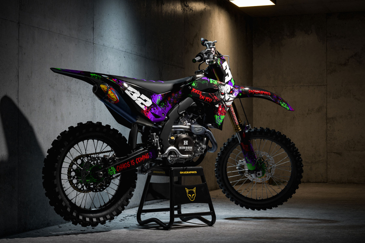 Black Kawasaki Graphics Kit Joker Installed on a Kawasaki Dirt Bike Promo