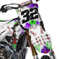 White Kawasaki Graphics Kit Joker Installed on a Kawasaki Dirt Bike Front