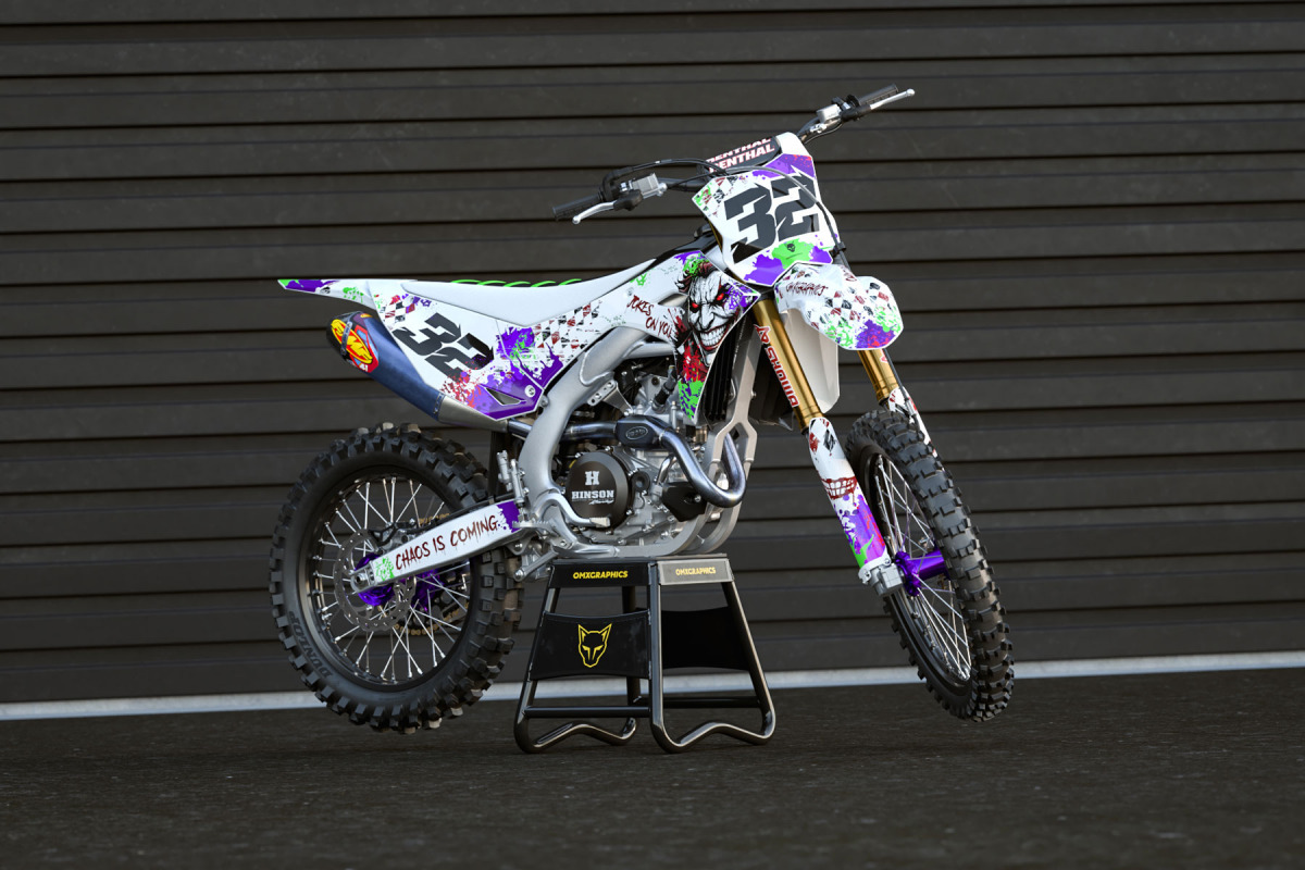 White Kawasaki Graphics Kit Joker Installed on a Kawasaki Dirt Bike Promo