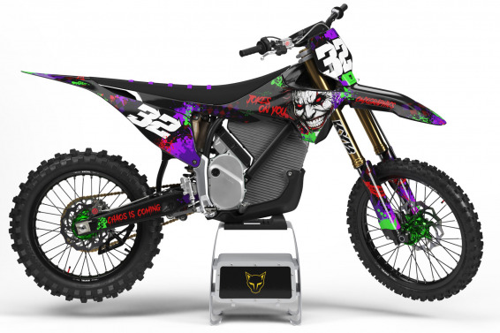 Black Stark Varg Mx Graphics Kit Joker Installed on a Stark Varg Dirt Bike