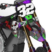 Black Stark Varg Mx Graphics Kit Joker Installed on a Stark Varg Dirt Bike Front