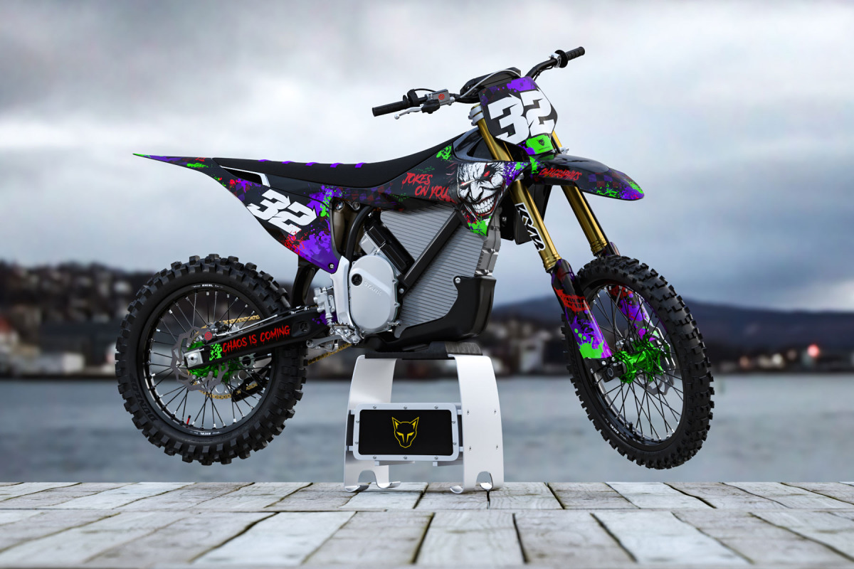 Black Stark Varg Mx Graphics Kit Joker Installed on a Stark Varg Dirt Bike Promo