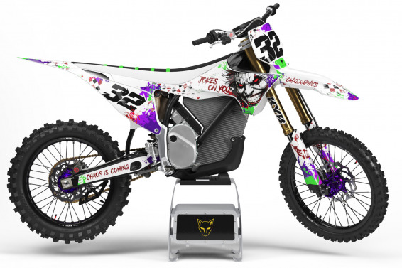 White Stark Varg Mx Graphics Kit Joker Installed on a Stark Varg Dirt Bike