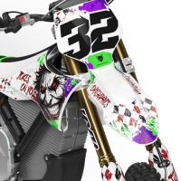 White Stark Varg Mx Graphics Kit Joker Installed on a Stark Varg Dirt Bike Front