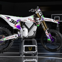 White Stark Varg Mx Graphics Kit Joker Installed on a Stark Varg Dirt Bike Promo