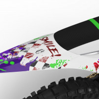 White Stark Varg Mx Graphics Kit Joker Installed on a Stark Varg Dirt Bike Tail