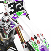White Suzuki Mx Graphics Kit Joker Installed on a Suzuki Dirt Bike Front