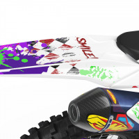 White Suzuki Mx Graphics Kit Joker Installed on a Suzuki Dirt Bike Tail